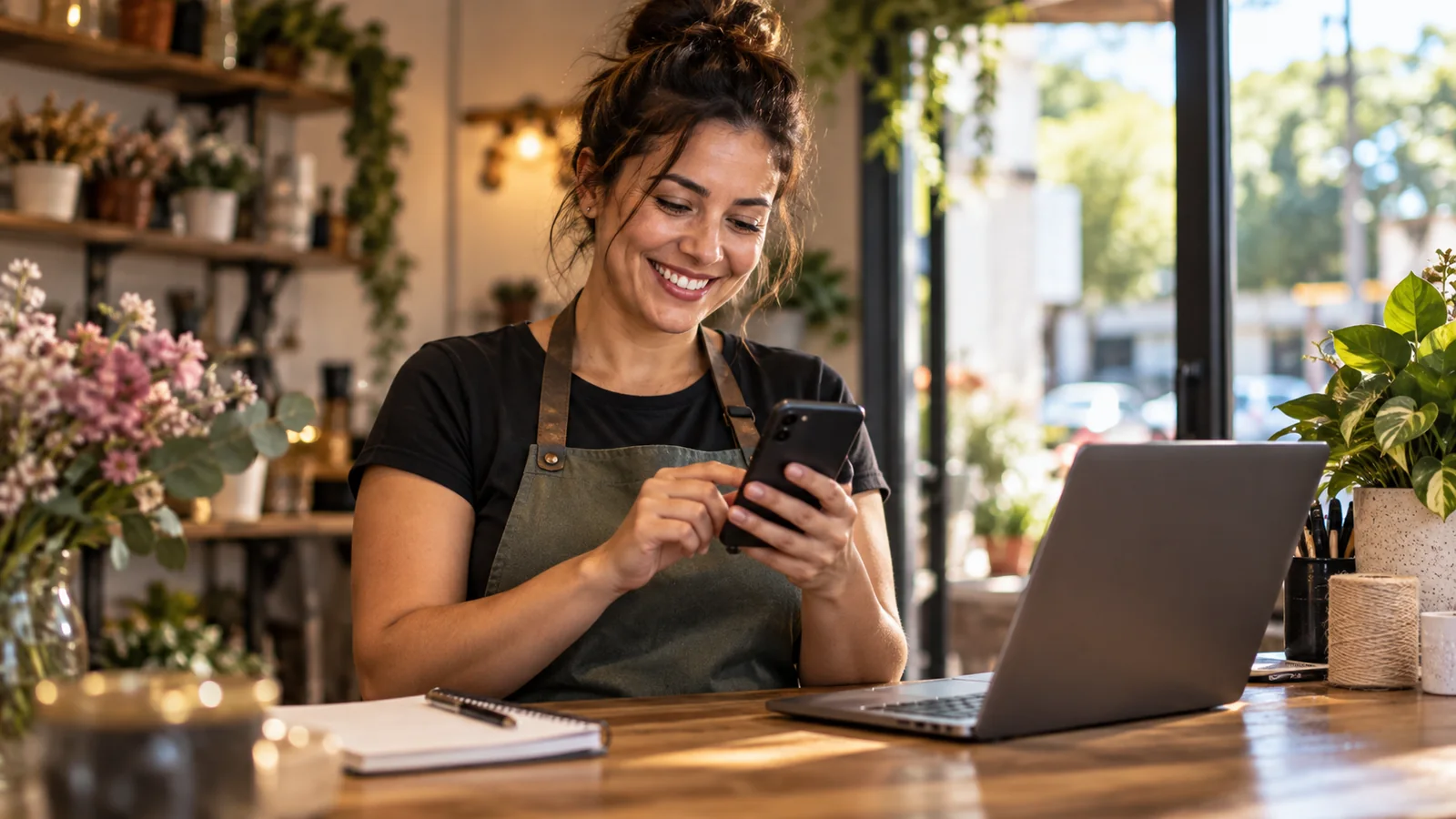 Dona de pequena floricultura usando o celular ao lado de um notebook no balcão, representando o contato com clientes após buscas no Google.