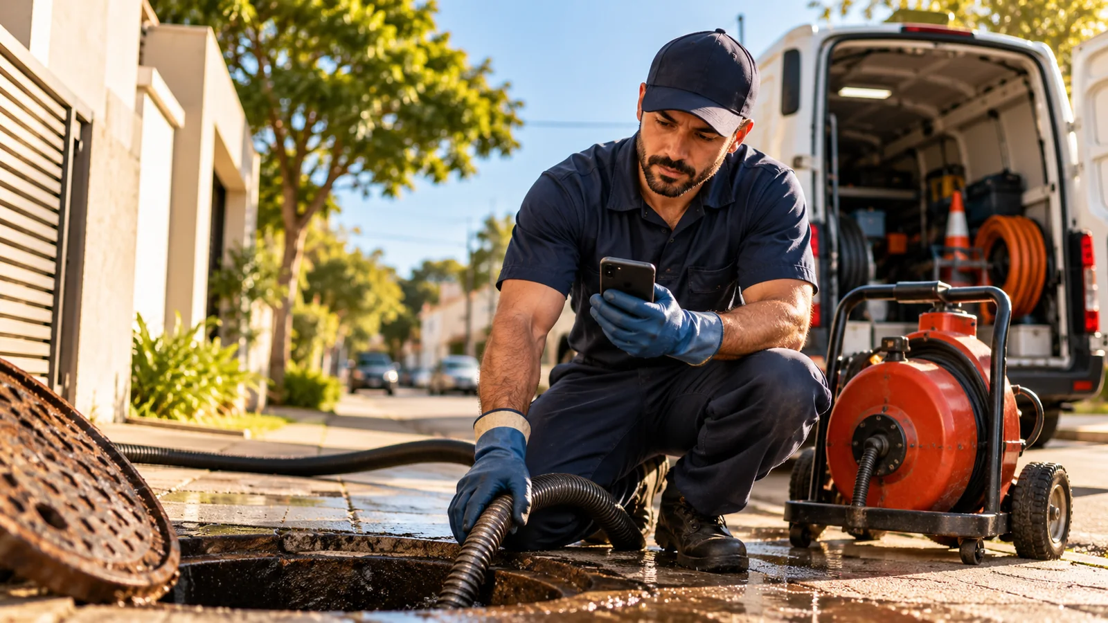 Técnico de desentupidora em uma rua residencial consulta o celular enquanto opera equipamento de desentupimento ao lado de uma van de serviço.