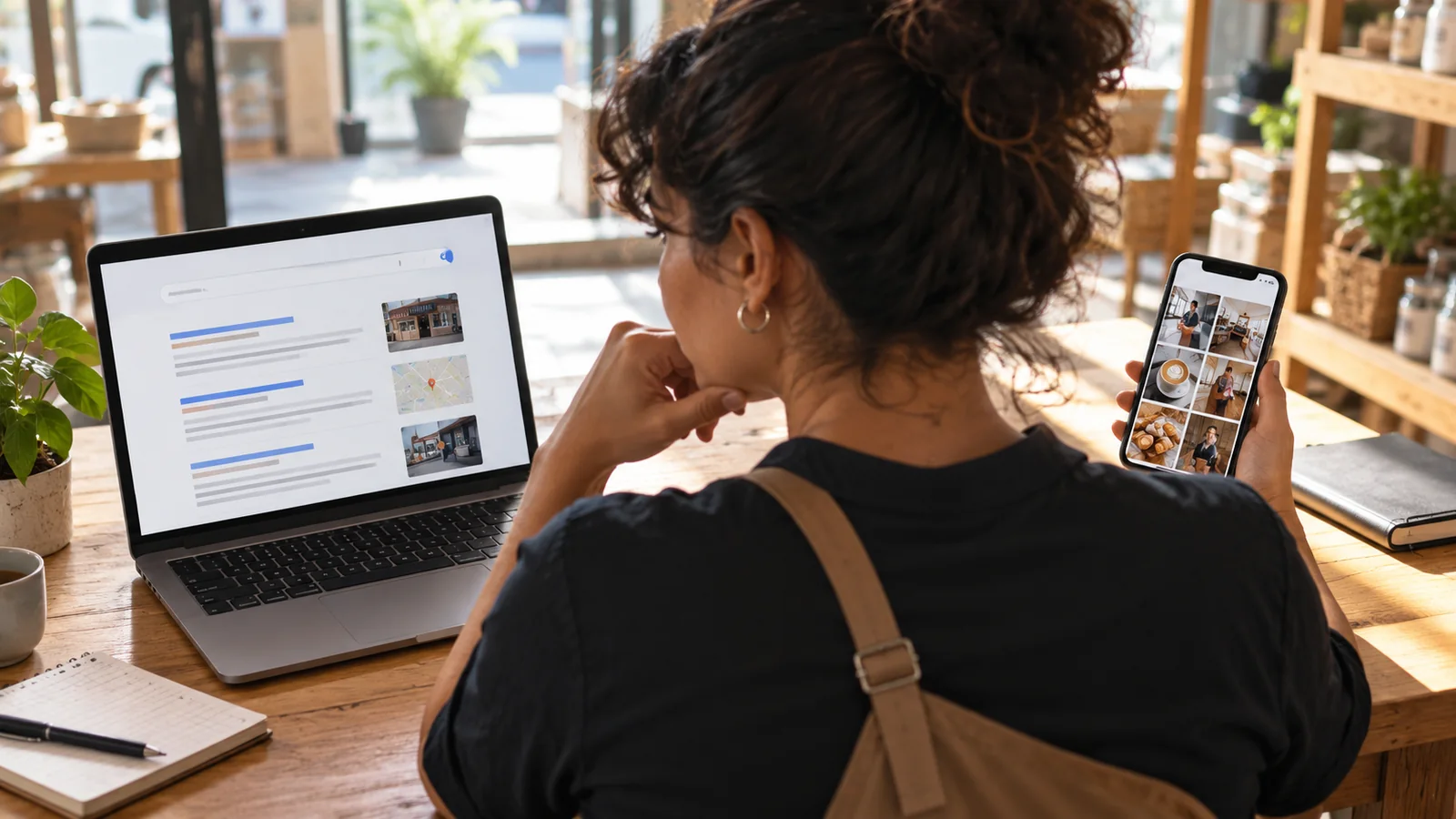 Pequena empresária compara resultados de busca no notebook com conteúdo visual no celular para decidir entre Google Ads e Instagram Ads.
