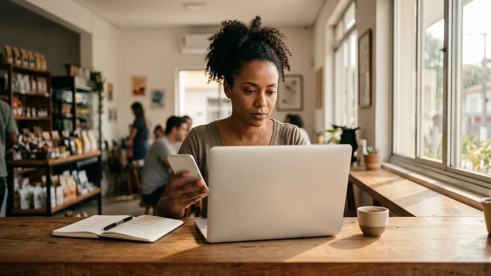Empreendedora negra de cabelos cacheados trabalhando no notebook em ambiente comercial acolhedor, analisando suas opções de publicidade digital.