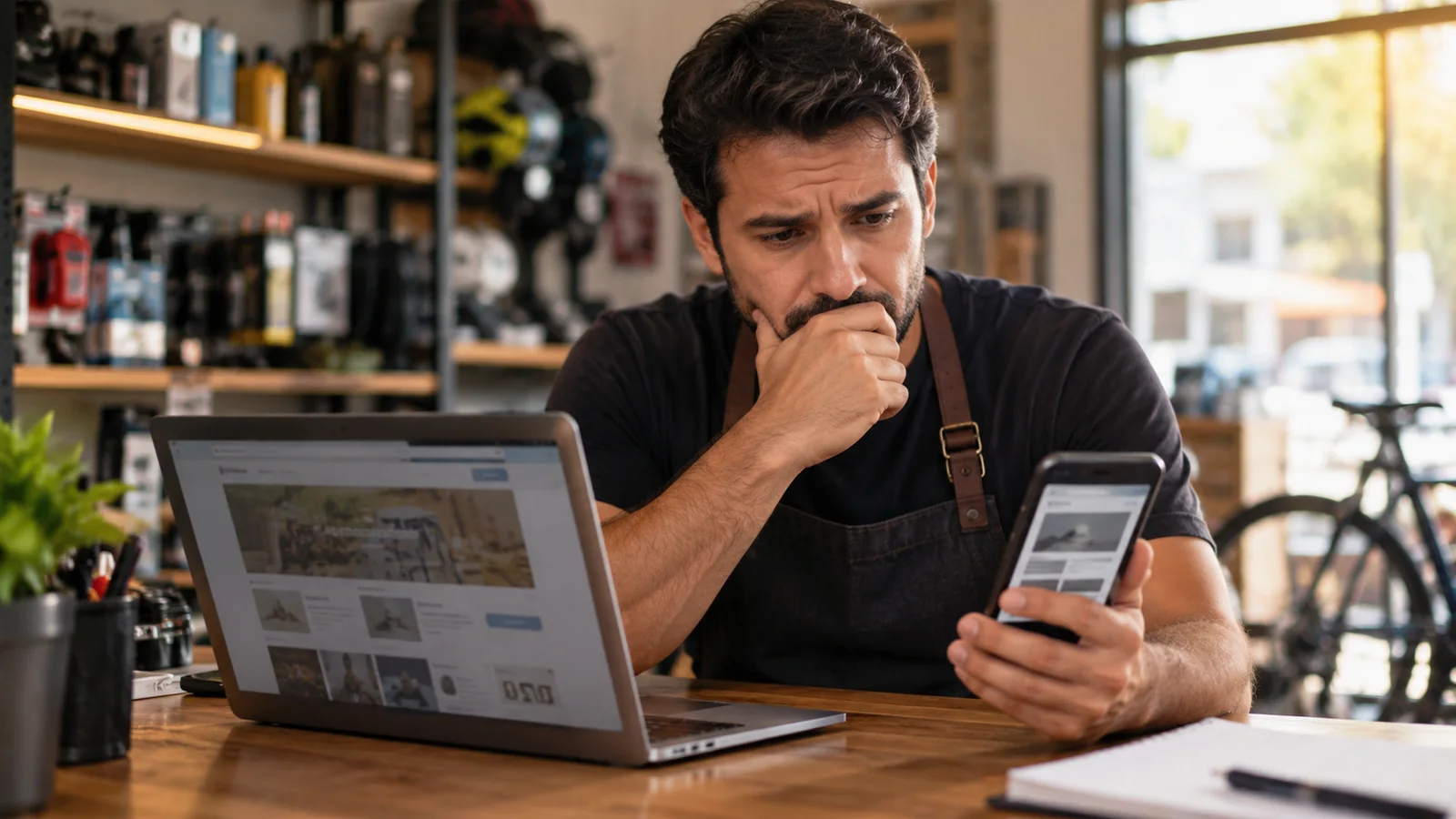 Pequeno empresário em uma loja de bicicletas observa no celular um site difícil de usar, com notebook aberto no balcão, representando um site desatualizado.