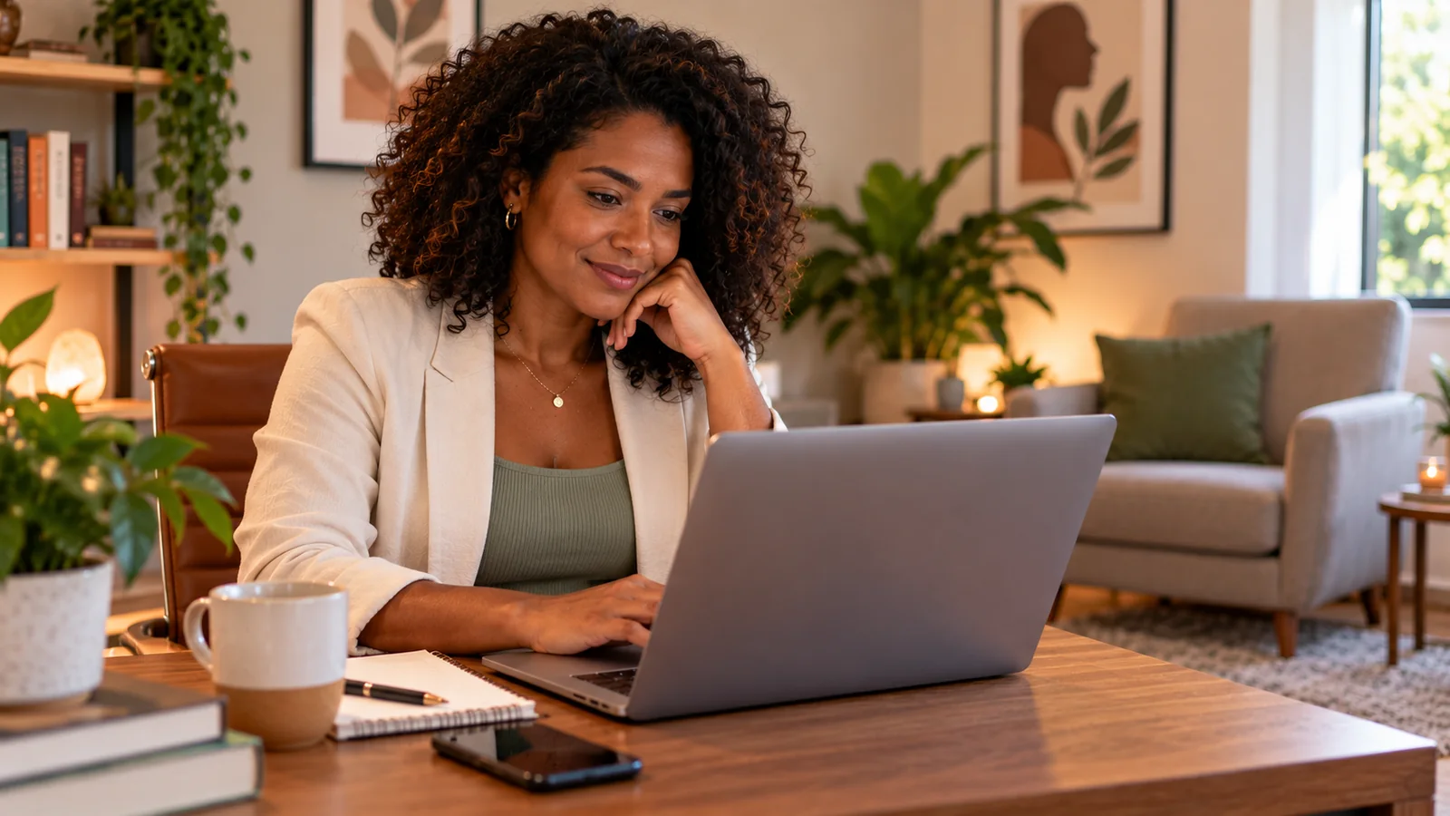 Psicóloga em consultório moderno trabalhando no notebook, representando o uso de Google Ads para ser encontrada por pessoas que procuram atendimento.