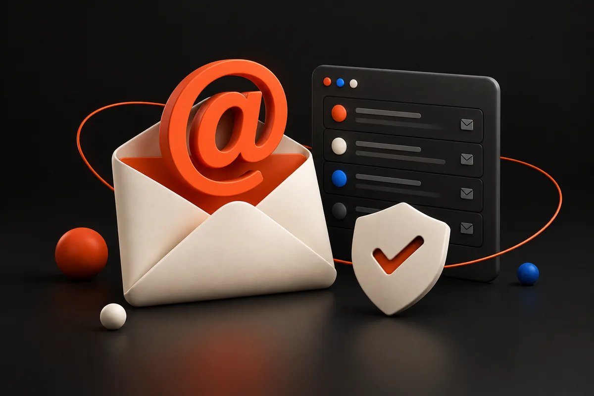 Ilustração de e-mail profissional com envelope, arroba e caixa de entrada.