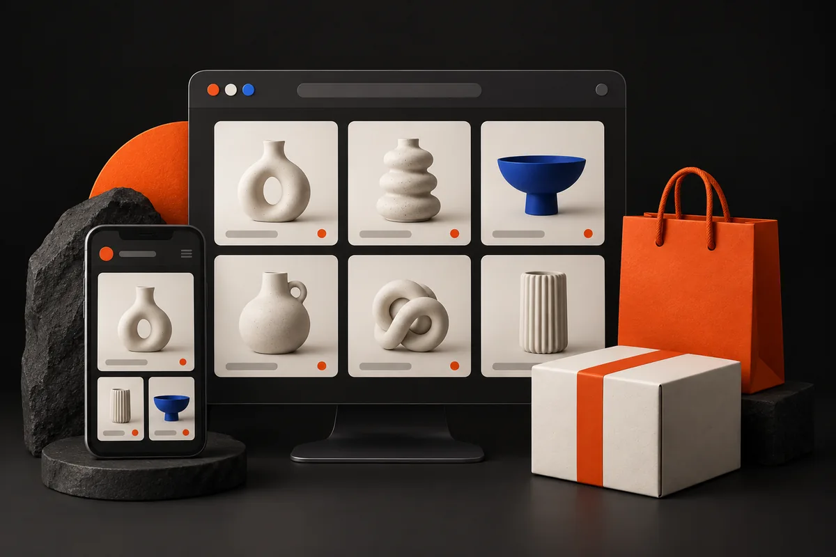 Ilustração de uma loja virtual, produtos e embalagens para envio.