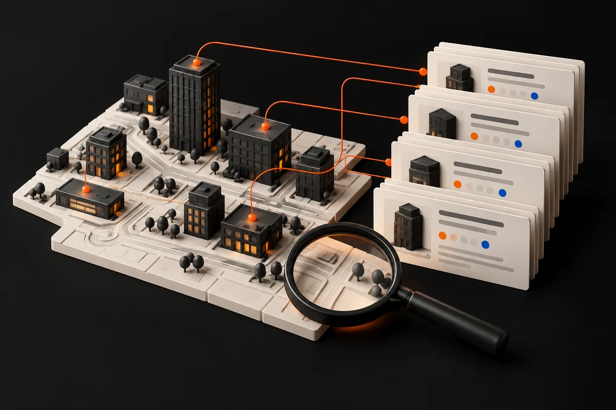 Ilustração de empresas em um mapa conectadas a fichas de informações.