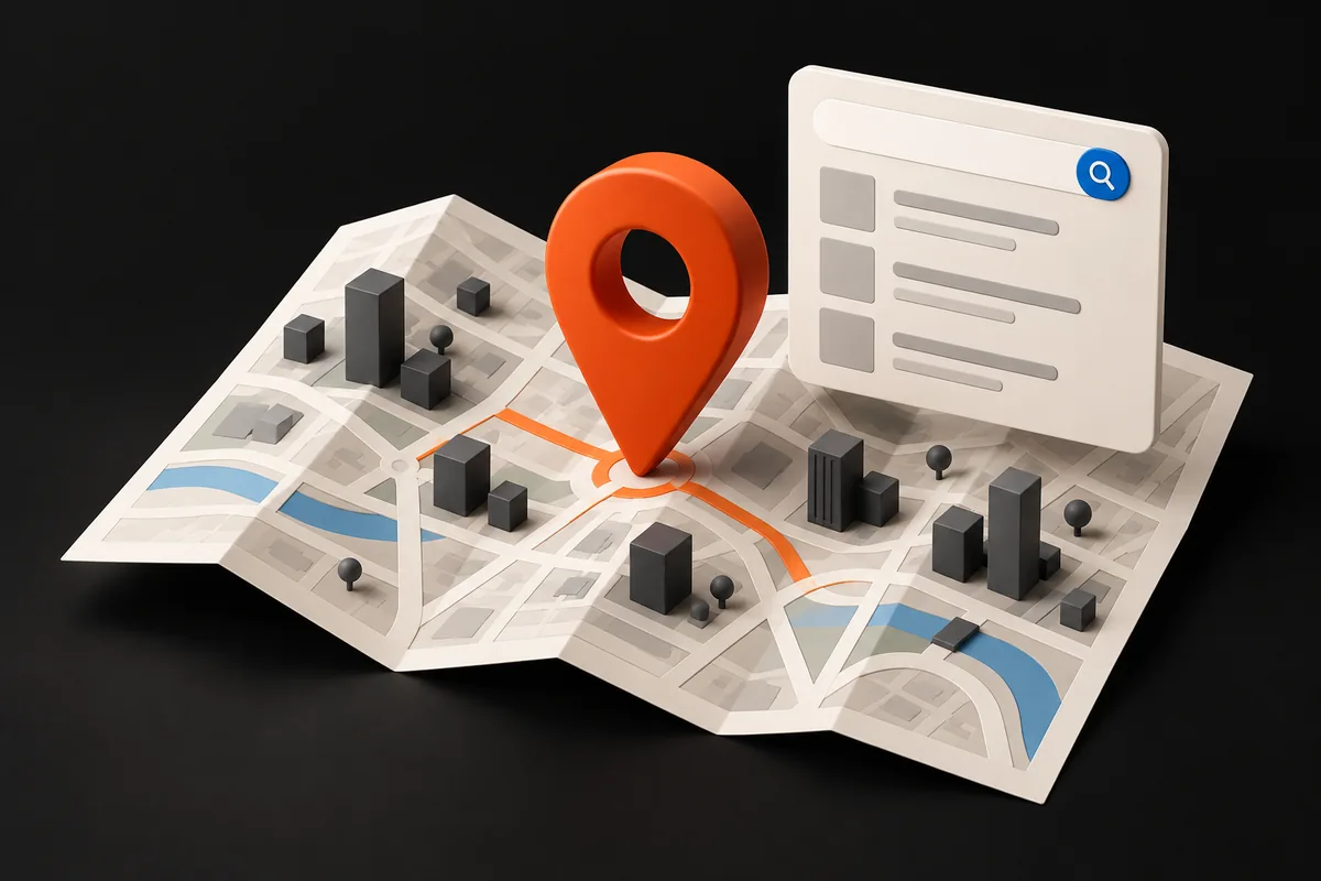 Ilustração de um mapa com marcador de localização e uma busca local.